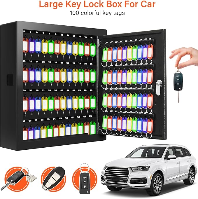 100 Keys Key Cabinet, Anti-Theft Key Lock Box with Key Tags, Adjustable Key Organizer Wall Safe for Car Office House Garage Rental Business