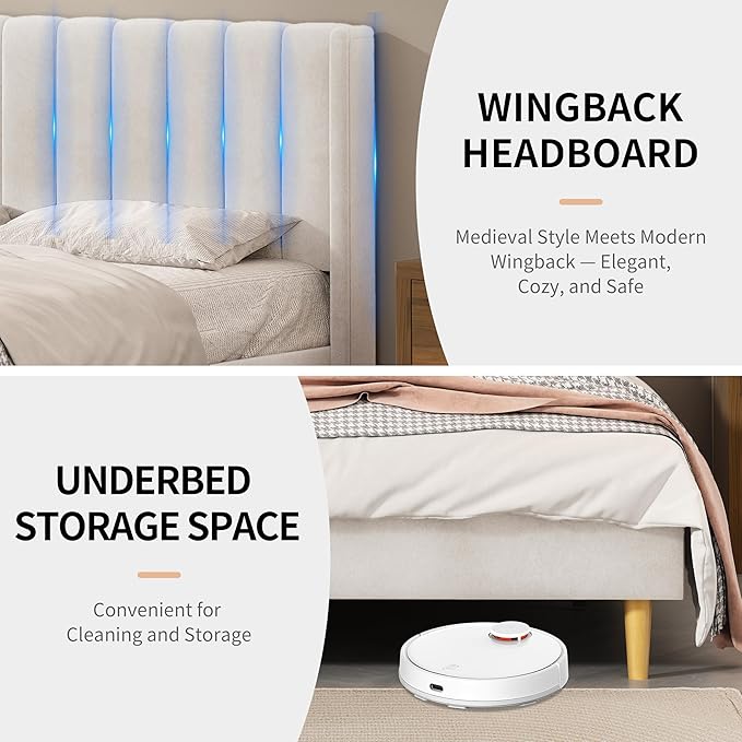 King Size Upholstered Platform Bed Frame with Modern Wingback & Vertical Panel Headboard, Velvet Fabric, Wooden Legs & Slats Support, No Box Spring Needed, Noise-Free & Easy Assembly, Cream