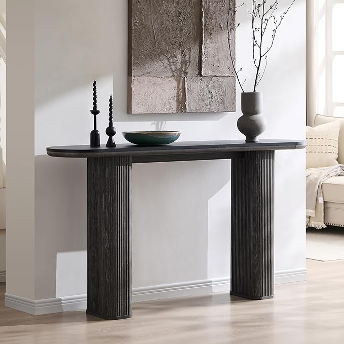 OKD 63" Modern Console Table with Arc Marble Texture Top, Fluted Wood Base, Contemporary Entryway Sofa Table for Living Room, Hallway, Foyer, Dark Alder