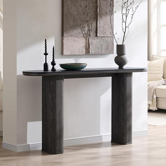 OKD 63" Modern Console Table with Arc Marble Texture Top, Fluted Wood Base, Contemporary Entryway Sofa Table for Living Room, Hallway, Foyer, Dark Alder
