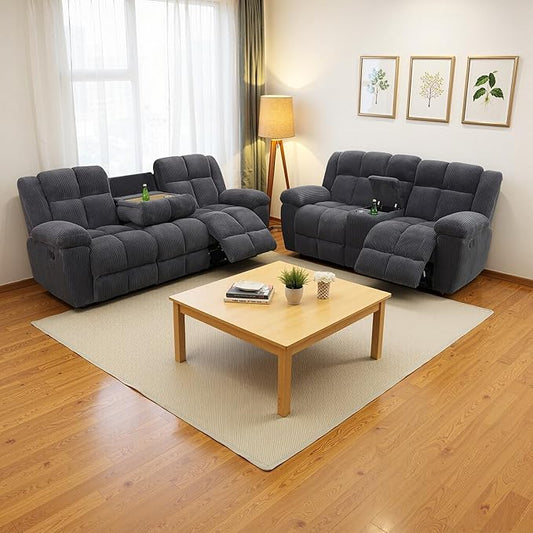 Manual Recliner Sofa Set,Fabric Reclining Couch Set,Modern Living Room Furniture Set,Reclining Sofa Couch Chair for Living Room Home Office (Dark Grey Upgraded Version, Sofa+Loveseat)