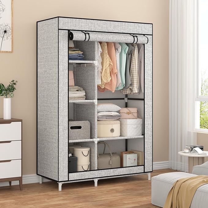 Calmootey Portable Closet Organizers, Clothing Storage, Wardrobe with 6 Shelves and Hanging Rod, Non-Woven Fabric Cover with 4 Side Pockets, Ash Grey