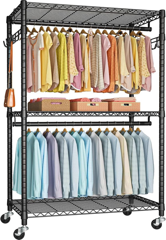 FUTASSI P1 Plus Rolling Clothes Rack, 22mm Diameter Heavy Duty Garment Rack with Wheels, Portable Closet Wardrobe with Double Rods, 45" W x 17.7" D x 80.5" H, Max Load 524 LBS, Black