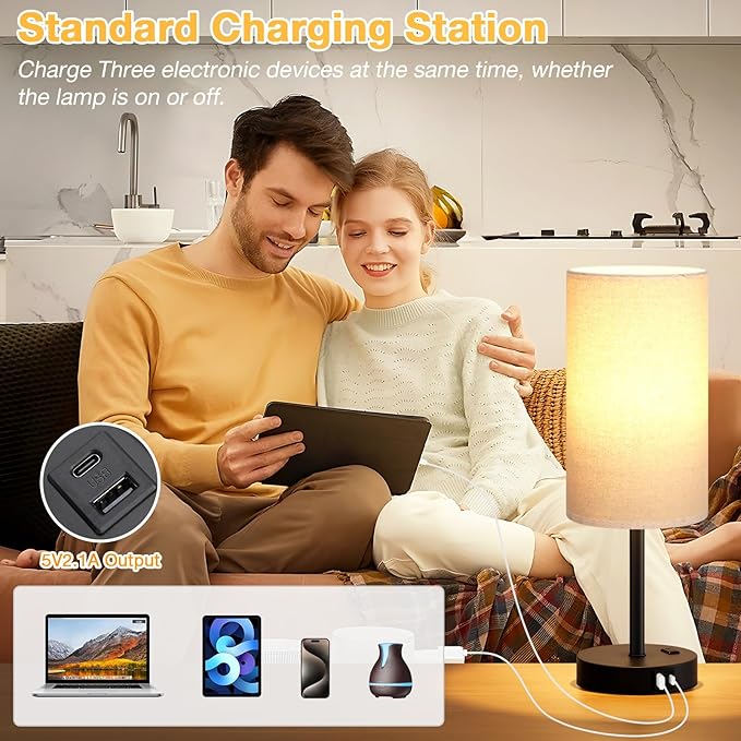Dicoool Tall Touch Bedside Table Lamp with USB - 3 Way Dimmable Black Lamps for Bedroom Nightstand, Desk Lamp with Black Charging Station for Dorm, Office, Kids Room