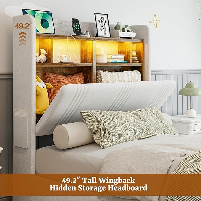 IKIFLY Twin XL Bed Frames with Hidden Storage Headboard & 4 Drawers, 49.2” Tall Upholstered Wingback Headboard with LED Lights and Charging Station, No Box Spring Needed, Solid Wood Slats, White