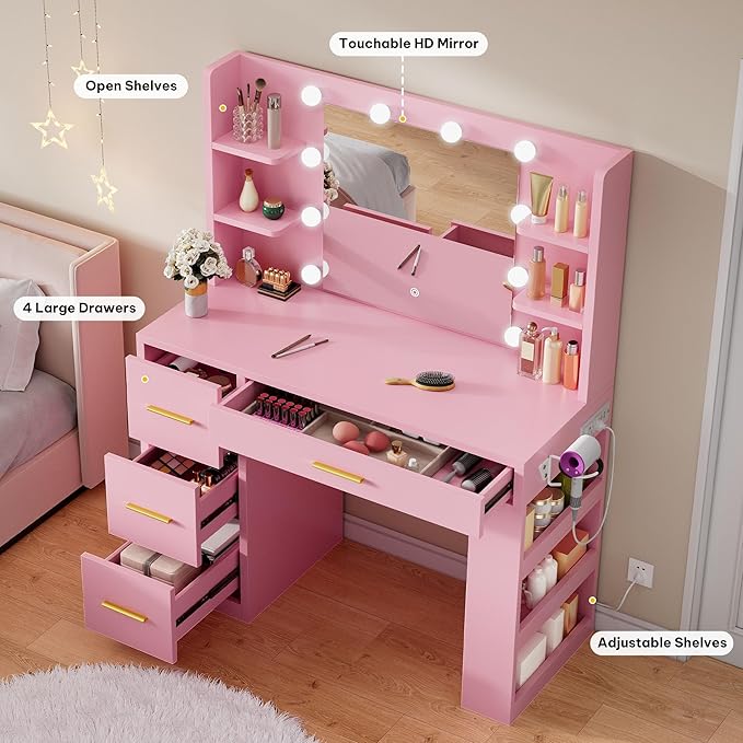 DWVO Makeup Vanity with LED Mirror, 40" Big Vanity Makeup Table with 4 Drawers and 7 Open Storage Shelves, Built-in Power Outlets & Hairdryer Holder, Pink