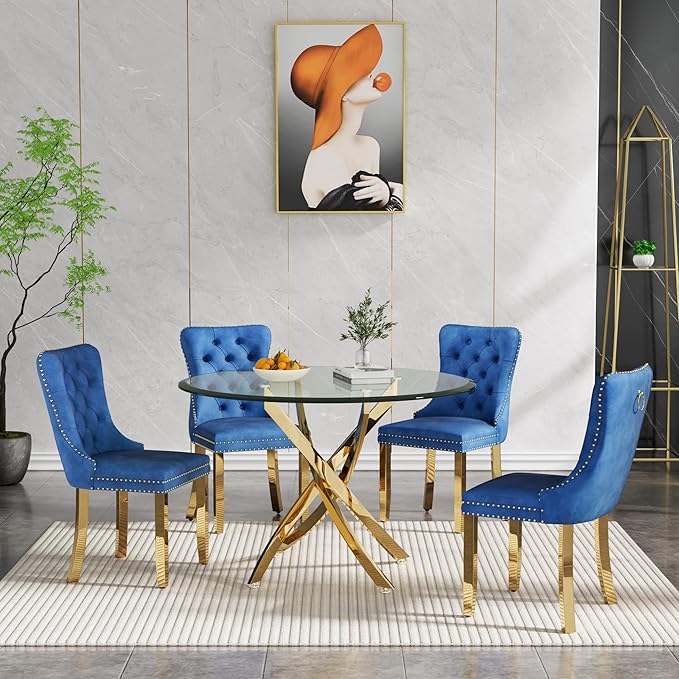 36-Inch Round Dining Room Table for 2-4, Modern Small Gold Glass Circle Kitchen Dining Table with Cross-Shape Stainless Steel Legs for Apartment Kitchen Dining Room