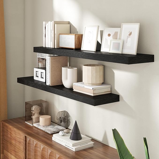 48 Inch Floating Shelves for Wall, 8 Inch Deep Floating Shelf for Storage & Display, Rustic Wall Mounted Shelf with Invisible Brackets for Living Room, Kitchen, Bathroom, Home Decor, Set of 2, Black