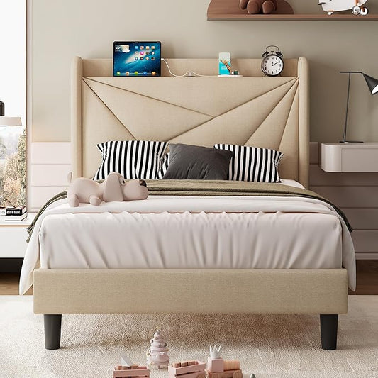iPormis Twin Size Bed Frame with Charging Station, Linen Platform Bed Frame with Wingback Headboard Upholstered Bedframe, Solid Wood Slats Support, No Box Spring Needed, Easy Assembly, Beige