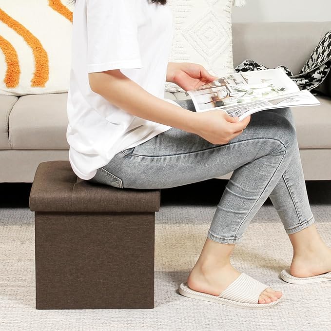 B FSOBEIIALEO Storage Ottoman Cube, Folding Footrest for Living Room Seat, 12.6"X12.6"X12.6" (Linen Brown)