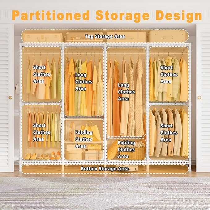 H41 Garment Rack Heavy Duty Clothes Rack, Clothing Racks for Hanging Clothes, Extra Large Freestanding Portable Closet Wardrobe Rack 78.5'' W × 15.8'' D × 76.4'' H, Max Load 1150 Lbs, White