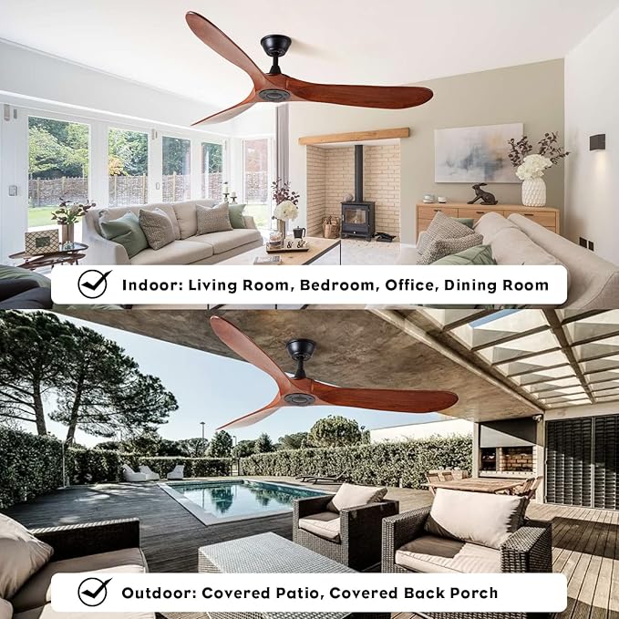 60 inch 3 blade Wood ceiling fan without light, Noiseless Reversible DC Motor Walnut Ceiling Fan Without Light for Farmhouse Patio Living Room Bedroom, Indoor Outdoor Ceiling Fan with Remote