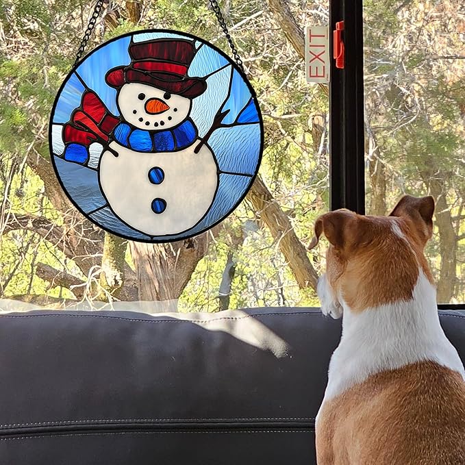 Stained Glass Window Hanging 4 Pcs Set Blue White Christmas Snowman Snowflake Large 15" - Suncatcher Door Garden Sun Catcher Decor Birthday Mother's Day Xmas Gifts for Mom Woman Nana Men