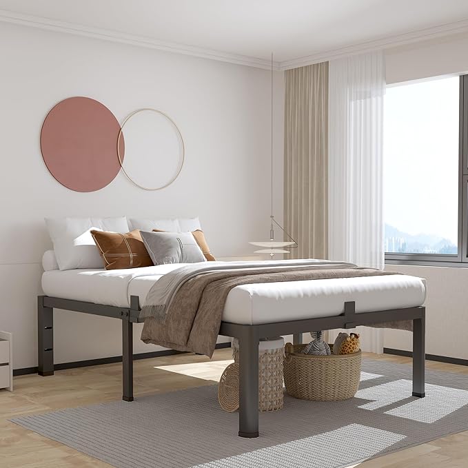 ROIL 16 Inch Twin Bed Frame with Rounded Corner and Headboard Hole Mattress Retainers 3500LBS Metal Heavy Duty Steel Slats No Box Spring Needed Platform Noise-Free Easy Assembly