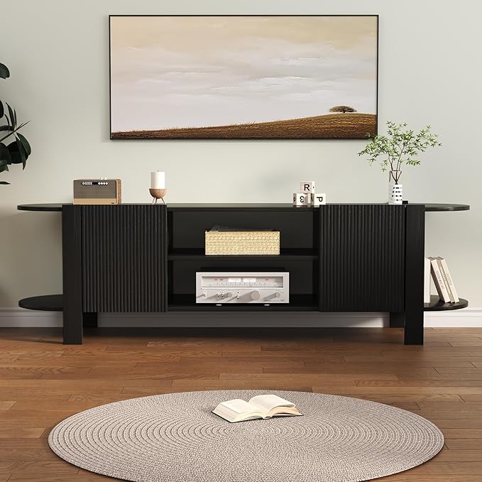 65 Inch TV Stand for Up to 75 inch TVs, Fluted Entertainment Center with Adjustable Shelve, Curved Round Corner TV Console Table with Storage Cabinet for Living Room, Bed Room (Black)
