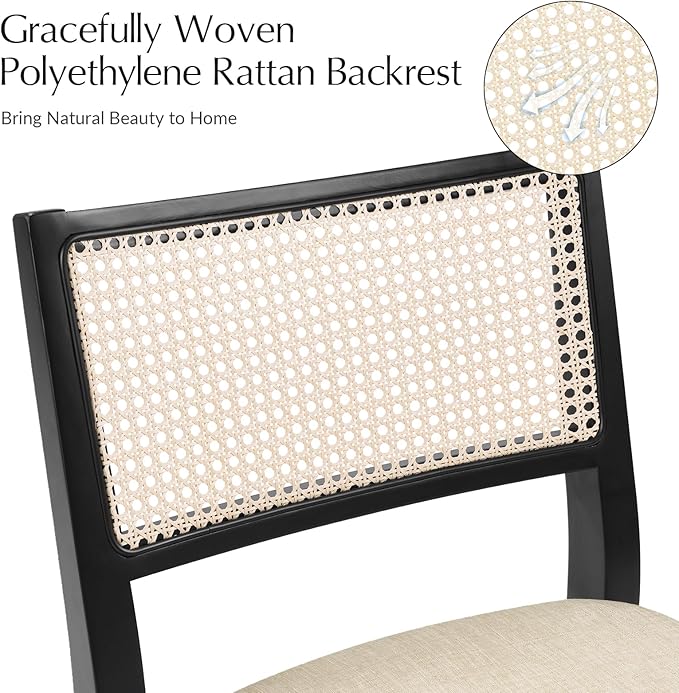 HULALA HOME Rattan Dining Chairs Set of 4, French Solid Wood Kitchen Dining Room Chairs with Curved Back, Upholstered Accent Dinner Cane Chair for Living Room Restaurant, Black