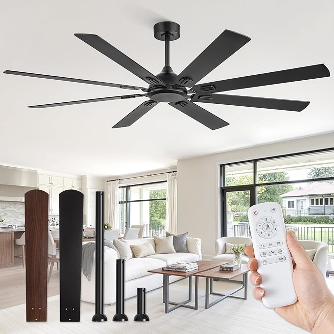 Fanbulous 72 Inch Ceiling Fans No Light with Remote, Modern Ceiling Fan Without Light, Dual Finish 8 Blades, Reversible Quiet DC Motor, 6 Speed, Large Ceiling Fan for Indoor or Covered Outdoor, Black