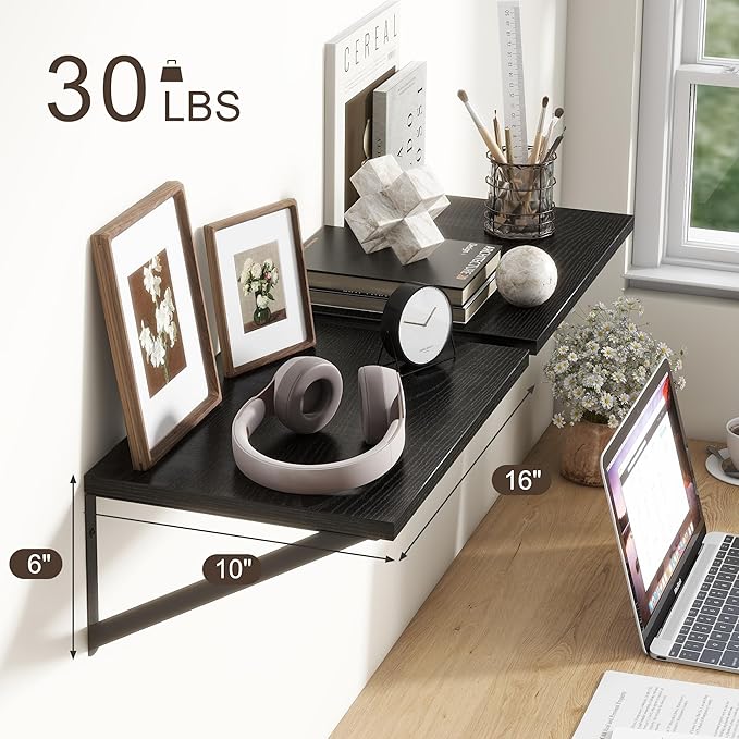 Fun Memories 10 Inch Deep Floating Shelves, Black Floating Shelf 16 Inch Long, 16" W x 10" D Wall Shelves Set of 2, Deep Shelves for Books, Wide Floating Shelves for Bahtoom, Living Room, Kitchen