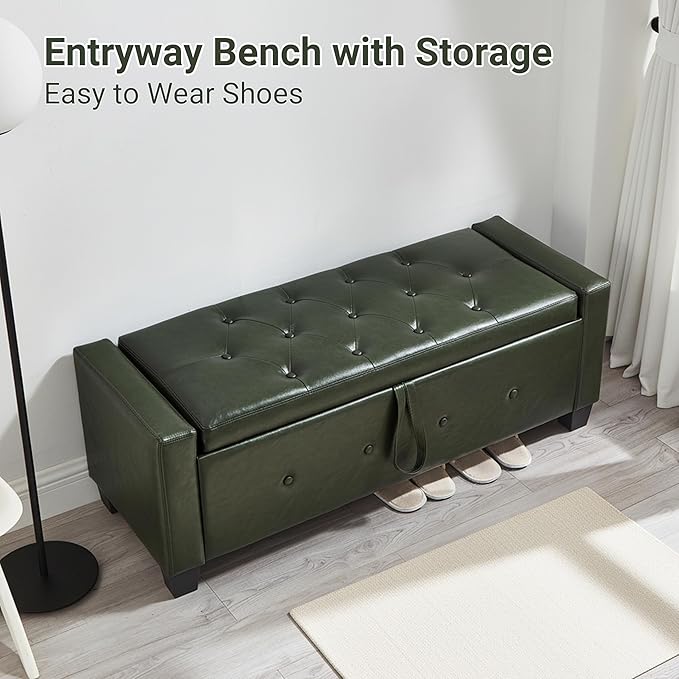 48" Faux Leather Ottoman with Storage, Tufted Storage Ottoman Bench with Safety Hinge, Rectangular Extra Long Bench for Bedroom, Living Room, Entryway and Window, Green