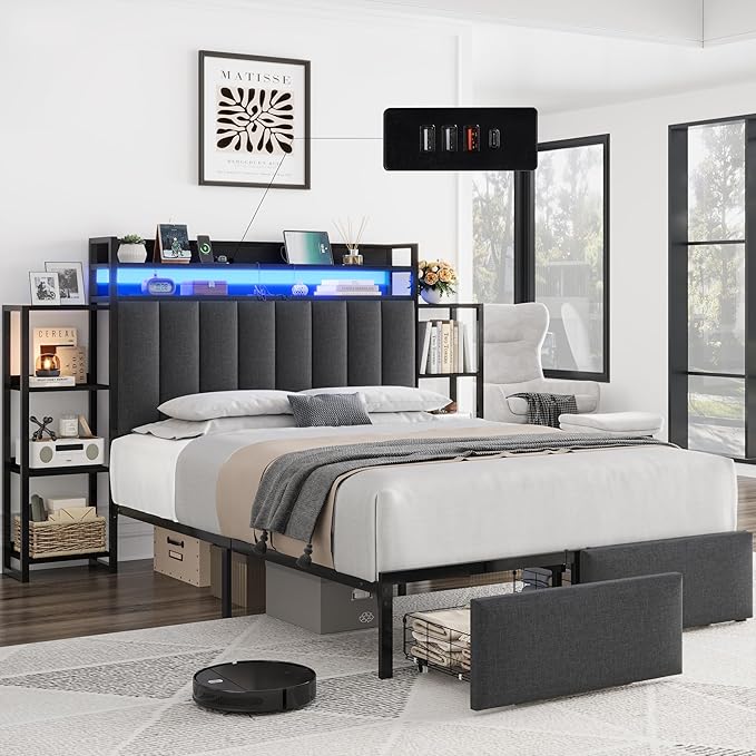 Keyluv Full LED Bed Frame with Storage Headboard & 2 Drawers, Upholstered Platform Bed with Charging Station & Bedside Storage Rack, Metal Slat Support, No Box Spring Needed, Linen Fabric, Black