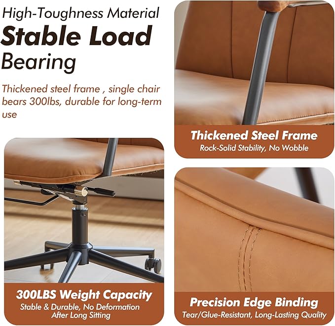 Home Office Desk Chair, Ergonomic Minimalist Faux Leather Swivel Chair with Oak Wood Armrests, Comfortable Task Chair for Computer or Study Room, 2 Pack, Camel Brown