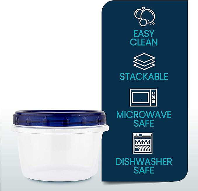 PLASTICPRO [16 oz 5 Pack] Deli Containers Clear bottom With blue Top Twist on Lids Reusable, Stackable, Food Storage Freezer Container