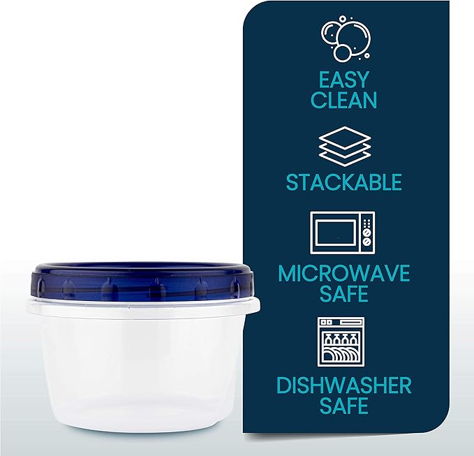 PLASTICPRO [16 oz 120 Pack] Twist Top Deli Containers Clear bottom With blue Top Twist on Lids Reusable, Stackable, Food Storage Freezer Container Pack of 120