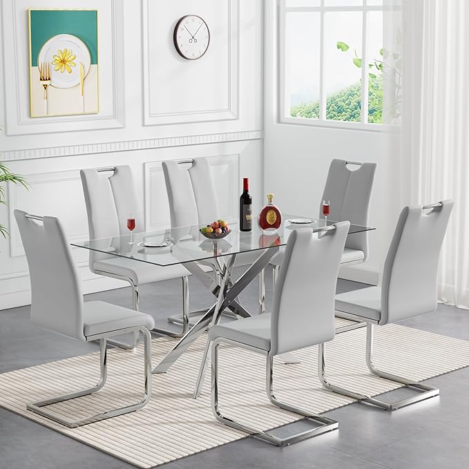 51'' Silver Glass Dining Table Set for 6,7 Piece Kitchen Table and Chairs Set with Metal Legs and 6 PU Leather Dining Chairs for Kitchen Room Small Spaces