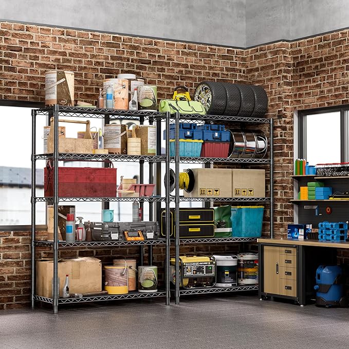 IZEUK 5-Tier Heavy Duty Metal Storage Shelving Unit (Black, 17.7" D x 47.2" W x 72.3" H, 1750 lbs Capacity), Adjustable Steel Wire Rack Shelf Organizer for Garage, Kitchen, Basement, Laundry, Office