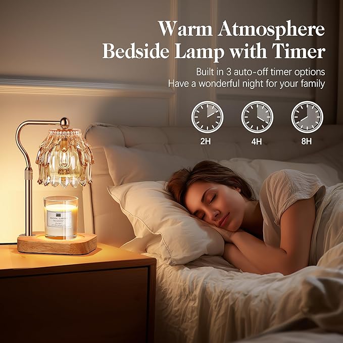 Candle Warmer Lamp with Timer Dimmer, Modern Wax Warmer for Scented Wax Jar Candle Warmer with 2 Bulbs, Adjustable Height Glass Lamp for Gifts for Women, House Warming Gifts, Home Decor, Gold Amber
