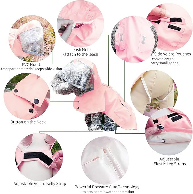 Dog Raincoat,Waterproof Rain Poncho with Hoodie, High Reflective Adjustable Pet Rain Jacket with Leash Hole for Small Medium and Large Dogs (Pink, X-Large)
