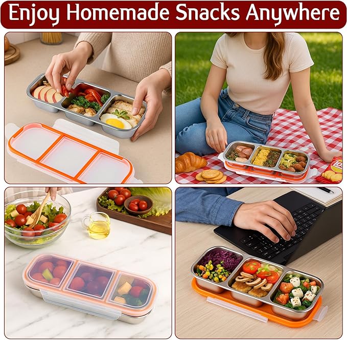 3 Pack Stainless Steel Snack Containers with Lids, 3 Compartment Food Storage Containers, Stackable Metal Divided Snack Box for Salads Picnic, Reusable Bento Lunch Box for Home Work Travel