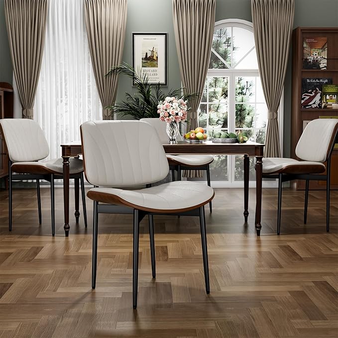 Dining Chairs Set of 8, Dining Room and Kitchen Chairs, Mid Century Modern Accent Chair, Upholstered PU Leather Chairs for Vanity with Walnut Bentwood and Metal Legs, Beige