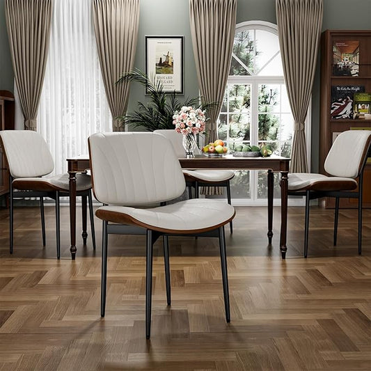 Dining Chairs Set of 4, Dining Room and Kitchen Chairs, Mid Century Modern Accent Chair, Upholstered PU Leather Chairs for Vanity with Walnut Bentwood and Metal Legs, Beige