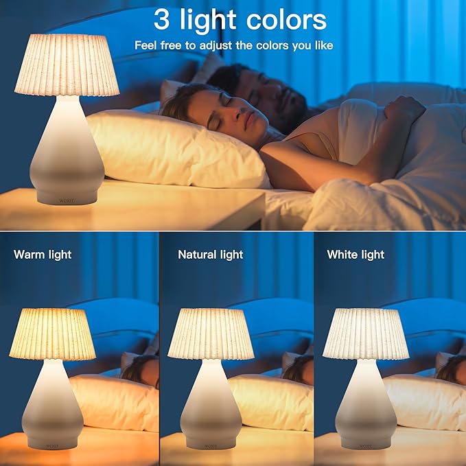Modern Cordless Table Lamp Rechargeable, Portable LED Desk Lamp,Touch Control 3 Colors Stepless Dimming with Pleated Lampshade for Restaurant, Bedroom,Outdoor Camping, Night Light (White)