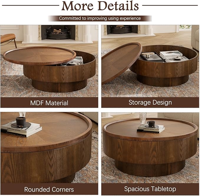 Round Coffee Table with Storage 30.7" Handcraft Drum Wooden Center Table Mid Century Modern Coffee Table Luxury Wood Circle Tea Table for Living Room Apartment, Small Space (Brown)