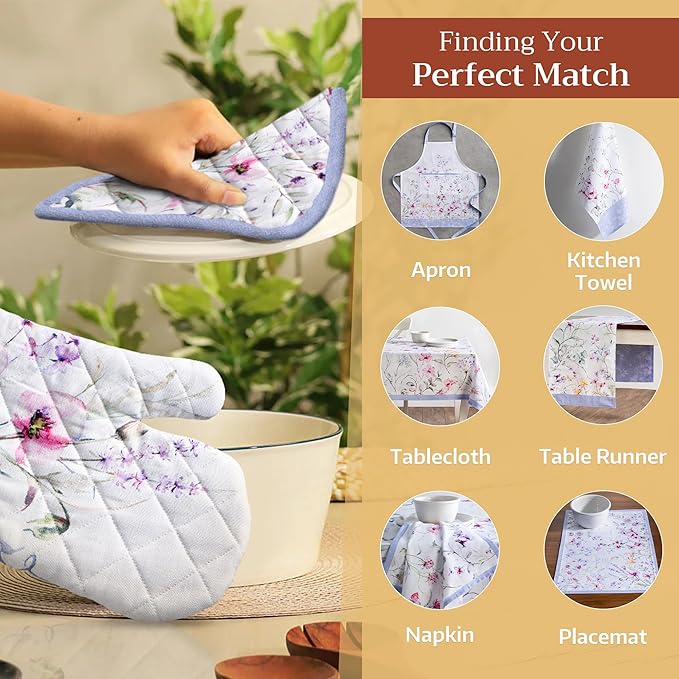 Maison d' Hermine 100% Cotton Oven Mitt & Pot Holder Set (7.5"x13" & 8"x8") Heat Resistant BBQ Cooking Gloves with Loop, Baking, Grilling, Kitchen, Handling Hot Pans Spring/Summer (Summer Floral)