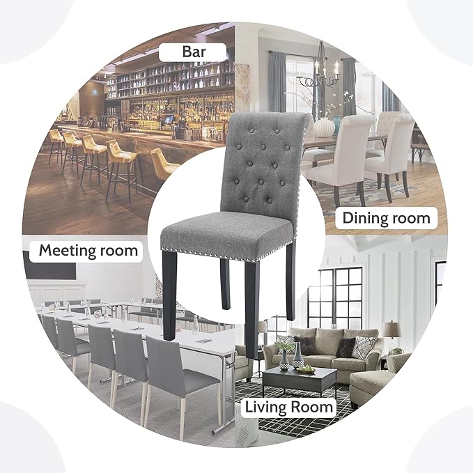 Westice Dining Room Chairs Set of 2 Upholstered Fabric Kitchen Chairs Dining Room Side Chair with Nailhead Trim and Rubber Wood Legs for Small Space Apartment, Gray