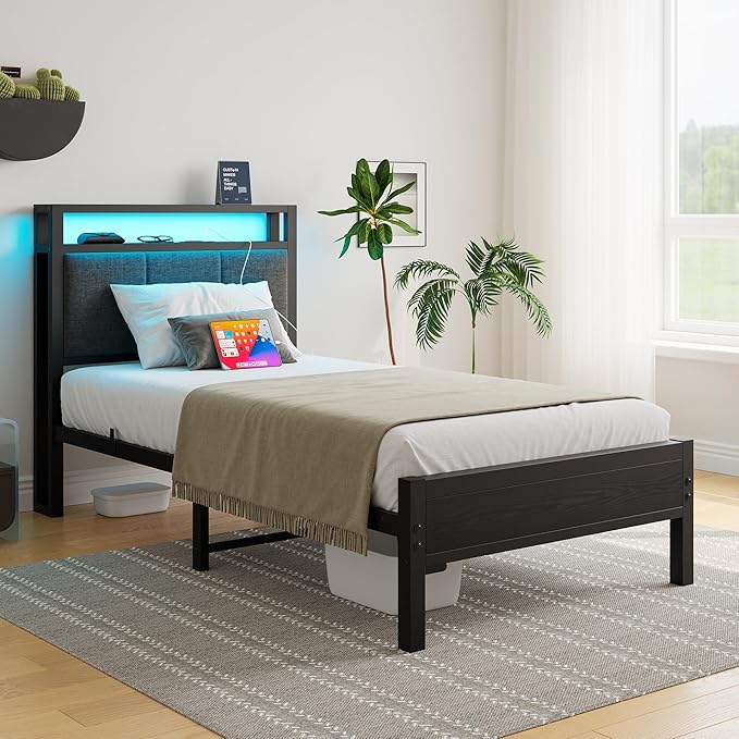 Twin Bed Frame with Charging Station and LED Lights,Upholstered Headboard with Storage Shelves,Heavy Duty Metal Slats, No Box Spring Needed,Noise Free, Easy Assembly,Black and Dark Grey