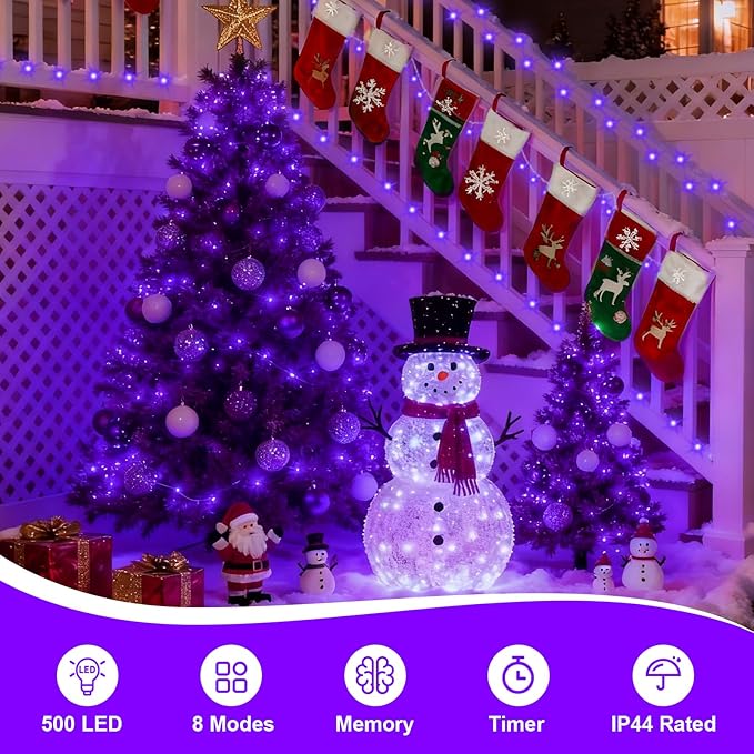 QITONG 165ft 500 LED Purple Christmas Lights, Clear Wire Outdoor String Lights with 8 Modes, Twinkle Xmas Lights Indoor Plug in