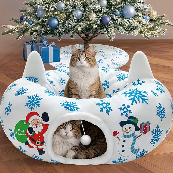 Christmas Cat Tunnel, Cat Tunnel Bed Under Christmas Tree with Hanging Toy Ball, Santa and Snowman Cats Cave Donut Tunnel Christmas Decor, Foldable Kitty Tube Tunnel for Kittens Small Animal