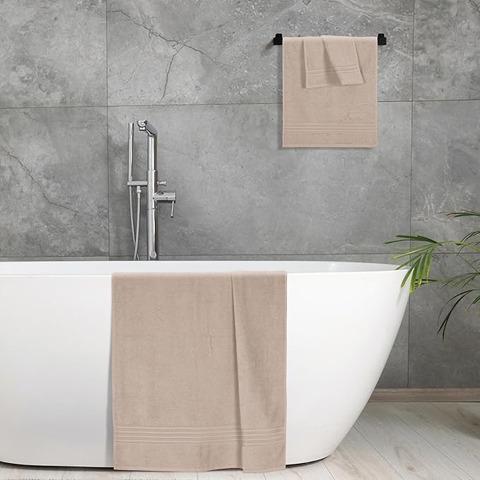 BOUTIQUO Ultra Soft 3 Pack Cotton Towel Set, Contains a Bath Towels 28x55 inch, a Hand Towels 16x24 inch & a Wash Coths 12x12 inch, Ideal Everyday use, Compact & Lightweight - Tan