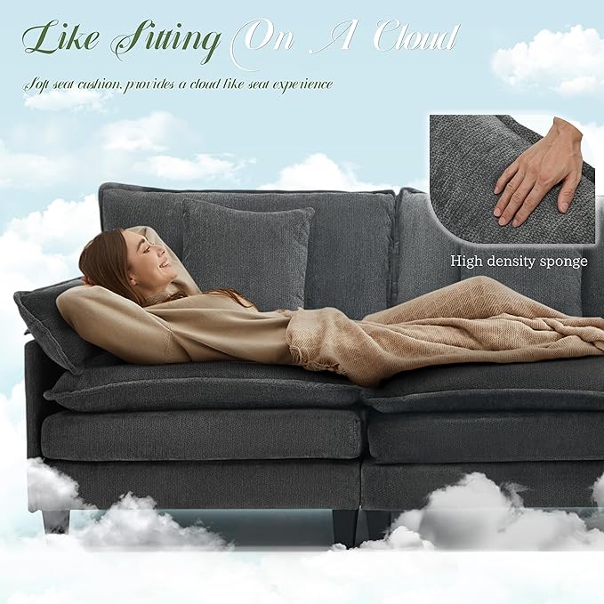 Modular Sectional Sofa, Comfy Cloud Couch with Movable Ottoman, Deep Seat Couches for Living Room, Bedroom and Apartment, 106" L Shaped Modern Sofa with Pillows, Grey