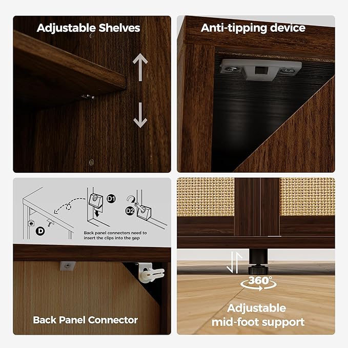 Mericonia Rattan Buffet Cabinet with Storage, Sideboard Cabinet with Doors and Adjustable Shelves, Farmhouse Coffee Bar Station Table, Modern Wood Cupboard for Kitchen, Livingroom, Walnut