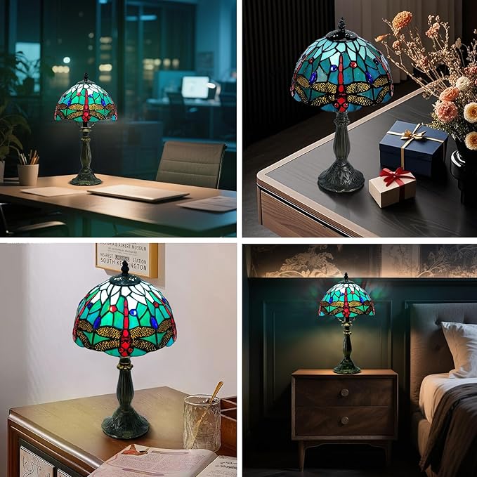 Exquisite Dragonfly Tiffany Style Table Lamp,Handcrafted Stained Glass Lamps for Bedroom, Living Room Decor,8-Inch Small Tiffany Lamp with LED Bulb.