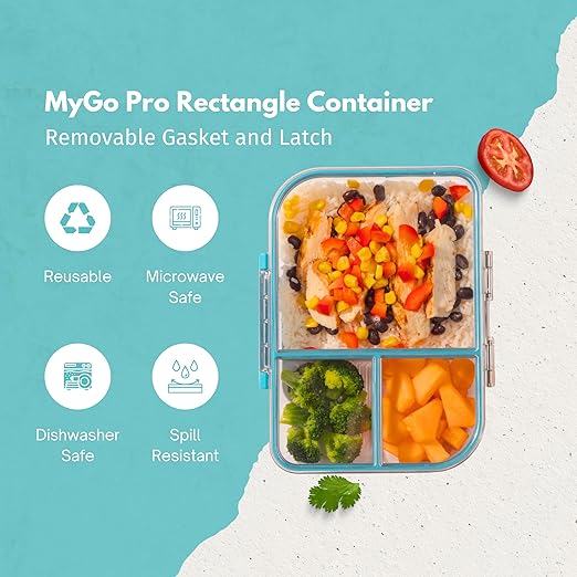 MyGo Pro Rectangular Container, 3-Compartment Clear Heavy Duty Plastic Food Storage Container, Portable Sleek Design, Spill-Resistant with Removable Gasket, 6.25" L X 9" W X 2" H