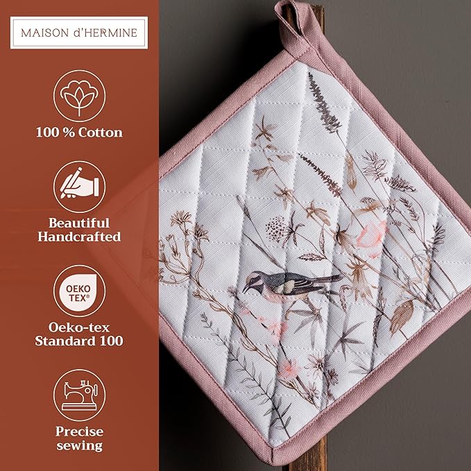 Maison d' Hermine Pot Holders Set 100% Cotton Heat Resistant Potholders 8" x 8" Hot Pads with Loop BBQ, Cooking, Grilling, Kitchen, Handling Hot Pans Spring/Summer (Pack of 2, Meadow Florals - Brown)