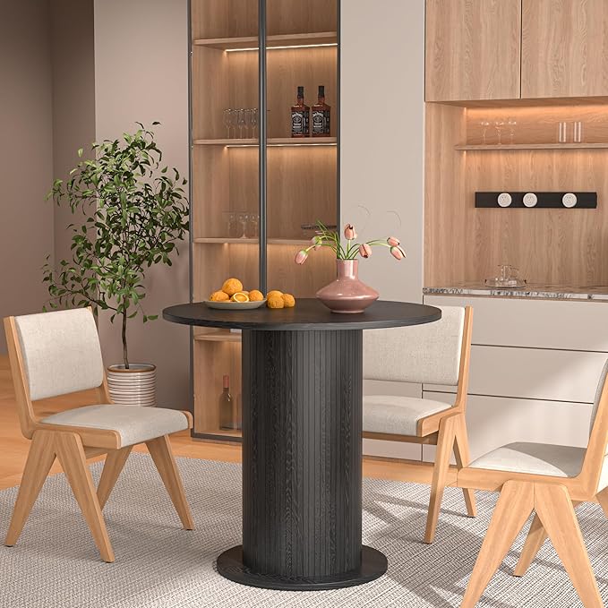31.5 inch Round Dining Table for 2, Modern Farmhouse Kitchen Table, Small Circle Dining Tables with Wood Strip Base for Kitchen Living Room (Black)