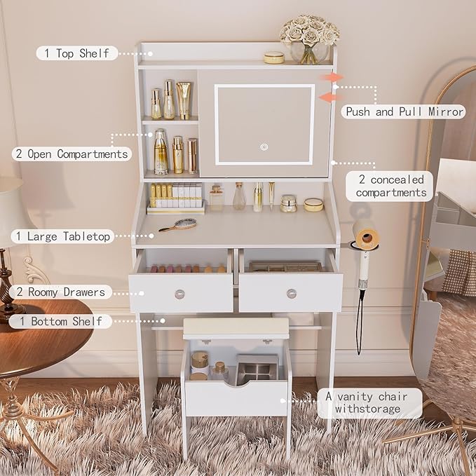 Vanity, Small Vanity Desk with Sliding Mirror, Dimmable LED Lights, 2 Drawers,Vanity Table Ideal for Bedroom (White)