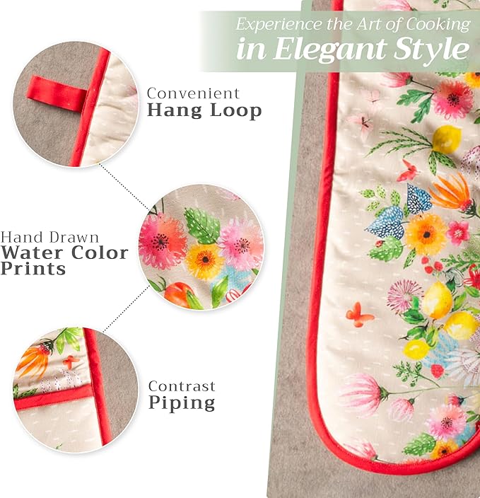 Maison d' Hermine Double Oven Mitts 100% Cotton 7"x35" Double Oven Mitt Heat Resistant BBQ Cooking Gloves with Loop, Baking, Grilling, Kitchen, Handling Hot Pans Spring Summer (Jardin D'Ete - Fog)